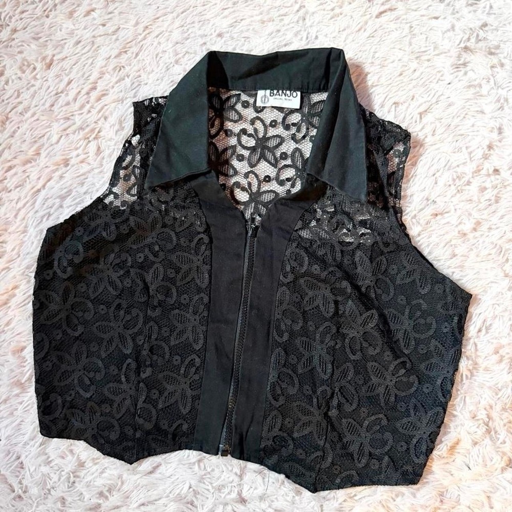 Whimsygoth Floral Sheer Lace Romantic Retro Collared Crop Top Womens L Feminine